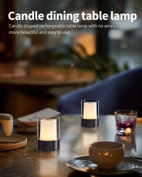 2 Pack 4 Inch LED Mini Cordless Table Lamp Touch Activated Night Light Waterproof Battery Powered Rechargeable Portable Light For Outdoor Dining Camping Nursery Baby Bar Party Black lighting up a dining table.
