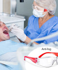 Dentist wearing 64 Pairs Clear Safety Glasses Set With Anti Fog Lenses, Scratch Resistant, Impact Resistant Eye Gear in red color.