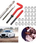 30 Piece Metric Thread Repair Kit With Helicoil Threaded Inserts And Installation Tool For M3 M4 M7 M9 M11 Threads Car Pro Coil Tool For Vehicle And Shop Repairs, with visible drill bits, helicoil inserts, and installation tools, shown alongside car and engine repair illustrations.