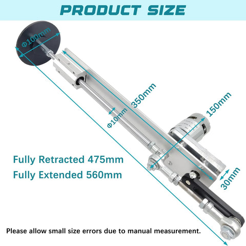 Reciprocating linear actuator JQDML, 24V DC motor, telescoping rod, black suction cup, side view