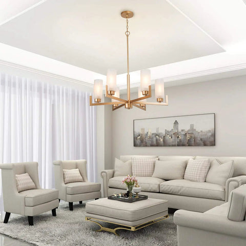 Six Light Gold Chandelier With White Frosted Glass Shades For Dining Room Living Room Kitchen And Bedroom Modern Chic Fixture For Warm Vibe And Easy Install above a stylish living room.
