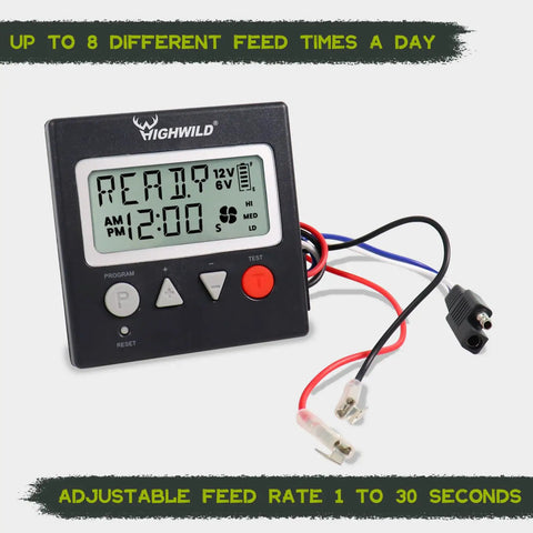 Universal 6V And 12V Game Feeder Digital Timer with eight daily feed times, adjustable feed rate, and easy setup.