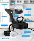 No Frills Steam Cleaner With Ten Second Rapid Heat And One Point Two Liter Tank with brass nozzle, 2M hose, and control panel.