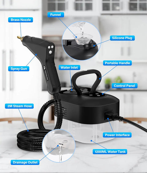 No Frills Steam Cleaner With Ten Second Rapid Heat And One Point Two Liter Tank with brass nozzle, 2M hose, and control panel.
