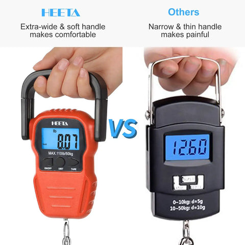 Portable Digital Fishing Scale With Measuring Tape, Backlit LCD Display, Data Lock, Lightweight 8.3 Oz Hanging Scale For Outdoor Fishing, Travel Luggage, Accurate Weight Readings For Freshwater And Saltwater compares wide handle and thin handle