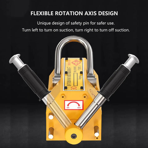 Heavy Duty Permanent Magnet Lifter With Quick Release Handle for 6600 Pound steel plates, showcasing control levers and safety pin design.