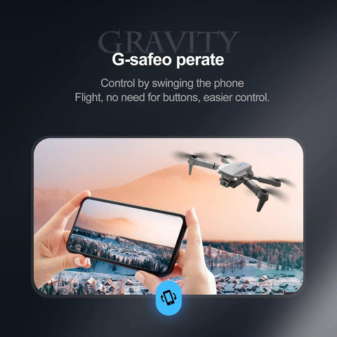 Hands controlling E88 Drone With Built In Screen Control And Dual Cameras, showing FPV flight view on phone screen
