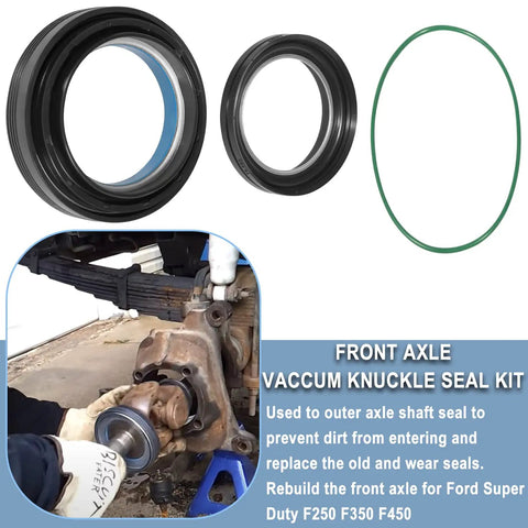 Straight Shot Heavy Duty Front Axle Vacuum Knuckle And Tube Seal Kit For 1998 To 2004 Ford F250 F350 F450 F550 Excursion Dana Fifty Sixty, includes two oil seals and one O-ring.