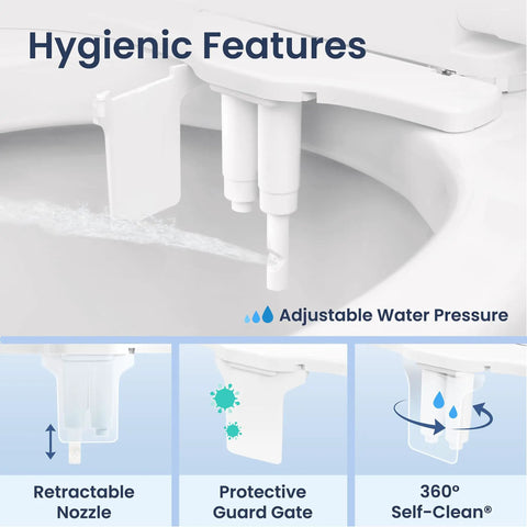 Warm Water Dual Nozzle Non Electric Bidet Attachment for Toilet Seat with 360 Self Clean and EZ Lift white features.
