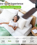 42 Inch Ceiling Fan With Bright Light And Wireless Remote Boasting Ultra Fast No Sweat Setup With Secure Snap Blades For Straightforward Installation In Living Areas Or Bedrooms Delivering Steady Cool Breezes All Day Long, ultra-quiet design over sleeping woman.