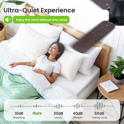 42 Inch Ceiling Fan With Bright Light And Wireless Remote Boasting Ultra Fast No Sweat Setup With Secure Snap Blades For Straightforward Installation In Living Areas Or Bedrooms Delivering Steady Cool Breezes All Day Long, ultra-quiet design over sleeping woman.