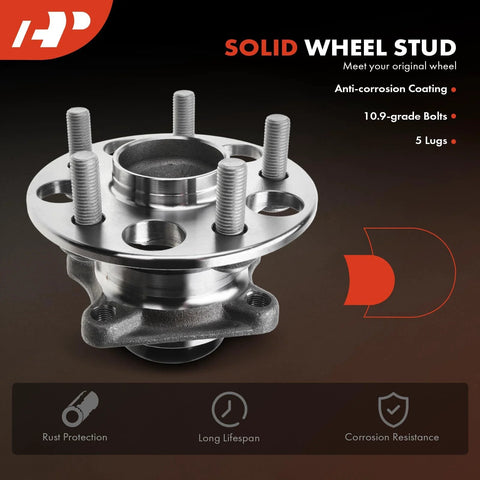 2 Pack Rear Wheel Bearing And Hub Assembly With ABS Fits Toyota Corolla 2019 2023 Prius 2016 2022 Prius Prime 2017 2022 And Lexus Ct200h 2011 2017 5 Lug, featuring a solid wheel stud with anti-corrosion coating and 5 lugs in focus