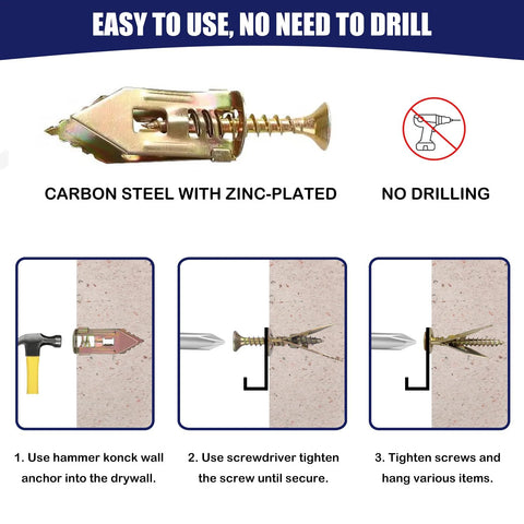 50 Pcs Self-Drilling Drywall Anchors With Screws Kit Heavy Duty Zinc Plated Steel 0.47x1.18 Inch No Drill Or Holes Needed