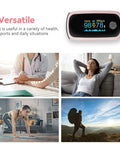 Rechargeable Pulse Oximeter With Real Time SpO2 And Pulse Rate Readouts displayed with lifestyle scenarios in sports and health settings.
