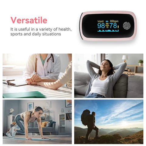 Rechargeable Pulse Oximeter With Real Time SpO2 And Pulse Rate Readouts displayed with lifestyle scenarios in sports and health settings.