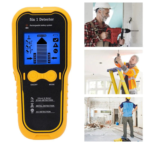 Fafeicy Wall Detector, 5 in 1 Stud Finder Beam Finder front view with screen displaying detection modes and buttons.