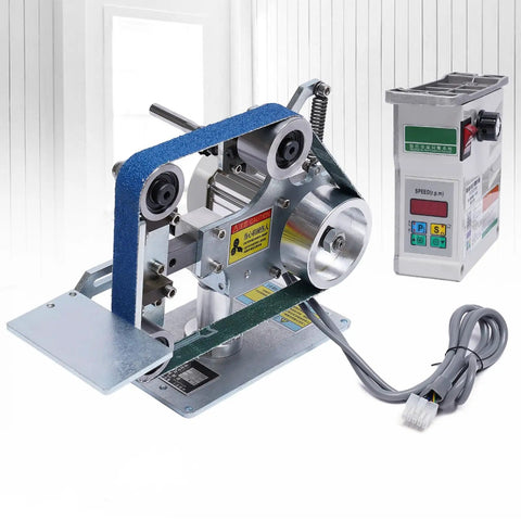 No Sweat 30 Inch Bench Belt Grinder And Desktop Sander featuring brushless motor and speed control with blue sanding belt.