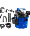 5 Gallon Wall Mount Wet Dry Vacuum With Remote Control 5 Peak HP Ultra Quiet 2 Stage Motor For Easy Shop And Garage Cleanup For Home Blue Built For Quick Cleanup Power, showing blue vacuum with attachments.
