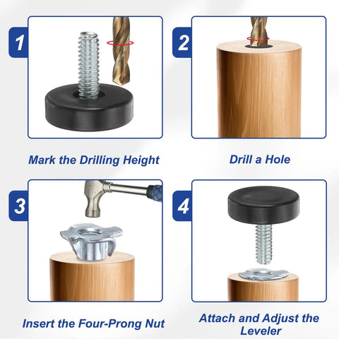 Step-by-step installation of Adjustable One Quarter Inch By Twenty Thread Heavy Duty Furniture Levelers Set Black Four Pack