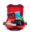 Open red Mini Pro Waterproof First Aid Kit For Car, Home, Boat, Camping And Travel showing various medical supplies.