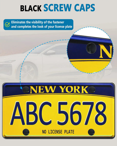 Audi Rear License Plate Bracket Holder For 2014 To 2024 A3 A4 A5 A6 A7 Q5 TT No Drill showing black screw caps and New York plate