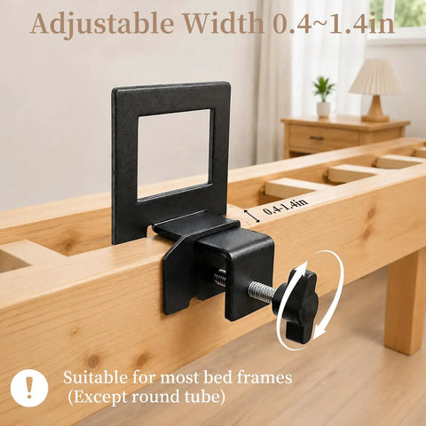 Adjustable width metal clamp for bed frame, 0.4-1.4in, part of Six Pack Heavy Duty Mattress Slide Stoppers Lock Down Metal Beds Tight.