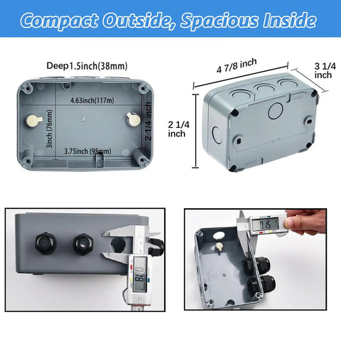 Rugged Weatherproof Outdoor Junction Box IP66 Enclosure 125x86x62mm showing dimensions, inner space, and cable gland fittings.