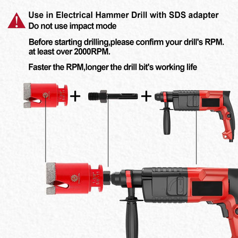Front view: 13pc diamond tile hole saw kit with red diamond-tipped bits, milling and bevel bits, SDS adapter, drill.