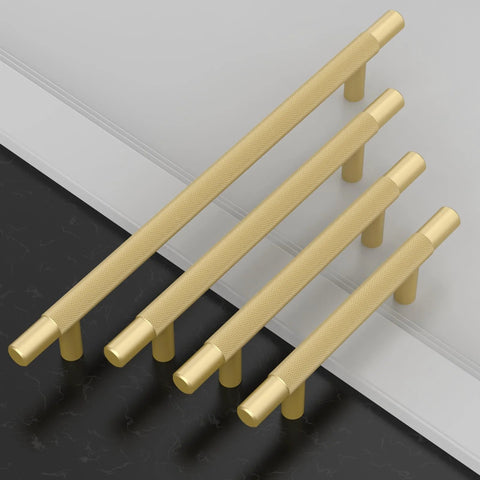 Brushed Gold Knurled Cabinet Pulls, 10 Pack, 3 Inch Center To Center Holes, Solid Zinc Alloy Kitchen Cabinet Handles, IH0006 on display