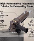 Lightweight Pneumatic Angle Grinder With A 110 Millimeter Wheel Delivering No Sweat Operation And Slick Handling For Fast Metal Grinding And Quick Repairs At 10000 Rpm on a concrete surface.