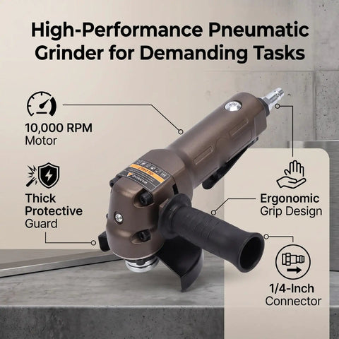 Lightweight Pneumatic Angle Grinder With A 110 Millimeter Wheel Delivering No Sweat Operation And Slick Handling For Fast Metal Grinding And Quick Repairs At 10000 Rpm on a concrete surface.