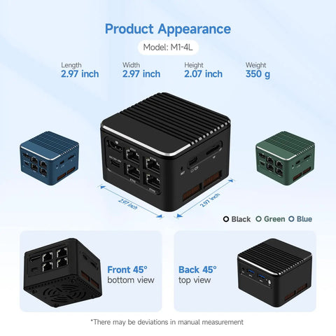 Hella Smooth Quad Network Mini PC Router With Intel I3 N305 Chipset And Sixteen GB Memory Plenty Of Storage For Pfsense And Serious Homelab Projects Any Day in black, showing front and back 45° views.