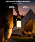 Person holding Battery Powered Outdoor Lantern Table Lamp Waterproof 4000mAh Cordless Rechargeable 4 Level Touch Dimmable Lit Night Light next to a tent