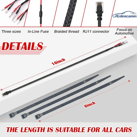 14 Inch Upgraded Mirror Wire Tap Radar Detector Hardwire Power Cord Kit With Braided RJ11 Mount, details view with connectors