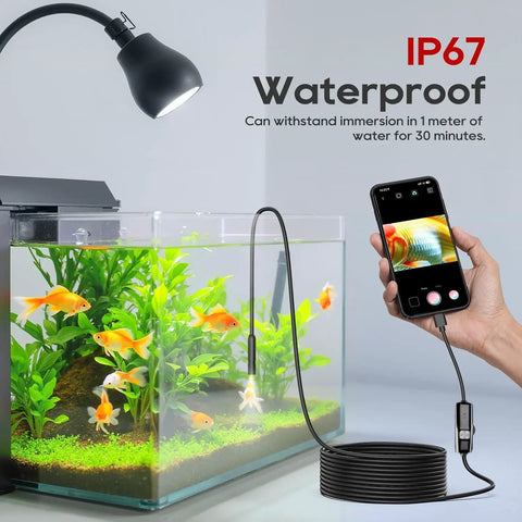 Endoscope Camera With Light 1920P HD Borescope Inspection Tool, 8 Adjustable LEDs, IP67 Waterproof Semi-Rigid Cable, Plug In USB Type C, Lightning, Micro USB For Android, iPhone, And iPad used in aquarium