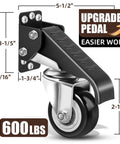 Heavy Duty Workbench Casters Kit 600 Lb Capacity Set Of 4 With Two Mounting Options shown with dimensions and upgraded pedal