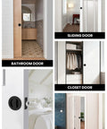 Image collage showing bathroom, sliding, closet, pocket, and bi-fold doors with Matte Black Round Pocket Door Lock Set For Two One Eighth Inch Bore, Easy Install Pocket Door Hardware For One And One Quarter To Two Inch Thick Sliding Doors, Includes Reversible Left Or Right Latch, Two Pack.
