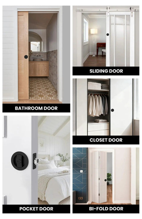 Image collage showing bathroom, sliding, closet, pocket, and bi-fold doors with Matte Black Round Pocket Door Lock Set For Two One Eighth Inch Bore, Easy Install Pocket Door Hardware For One And One Quarter To Two Inch Thick Sliding Doors, Includes Reversible Left Or Right Latch, Two Pack.