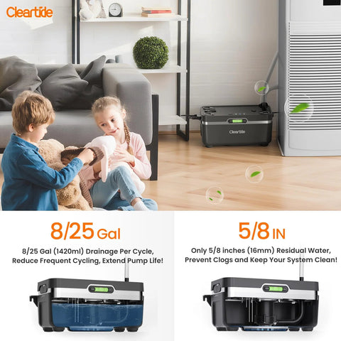 Cleartide condensate pump front view in living room beside HVAC unit; black/gray compact pump with green level indicator.