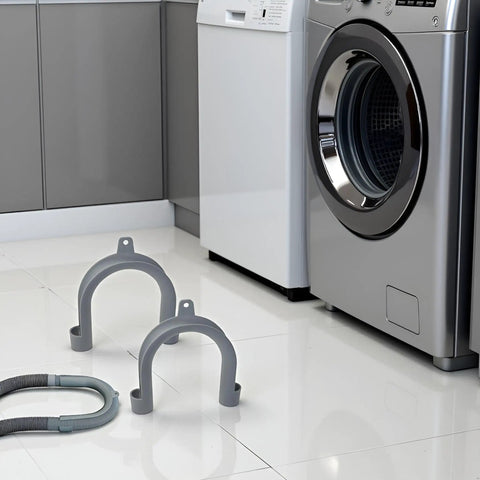 U Shape Drain Hose Holder For Washer And Dishwasher 2 Pack Gray Plastic Wall Mount Bracket next to washing machine