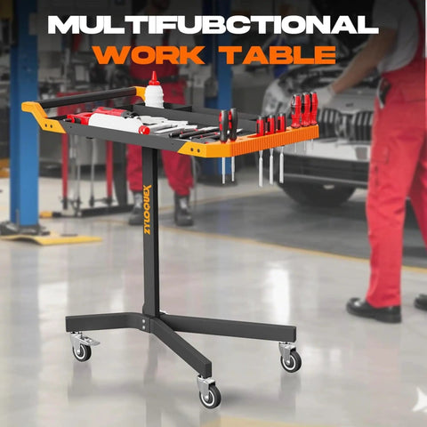 Mobile Rolling Tool Cart With 8 Adjustable Heights From 34.25 To 48.03 Inches Adjustable Work Bench For Garage 110 Lb Capacity On Wheels Multi Scene Work Table In Orange Easy Glide Swivel Wheels And Locking Casters in a workshop setting with tools organized on top.
