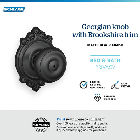 Brookshire Privacy Door Knob With Brookshire Trim Matte Black For Bedroom And Bath No Fuss Self Aligning Install Inside Push Button Lock With Emergency Pin Key
