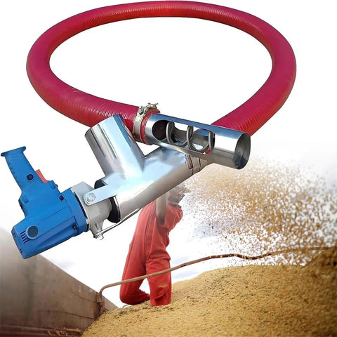 60 Inch Portable Grain And Powder Transfer Auger With 1500W Motor, red hose and blue handle, transferring grain to truck