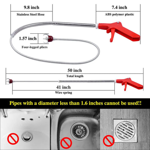 Diagram of 50 Inch Toilet Auger Drain Cleaner Tool With Upgraded Grabber Unclogger Stainless Steel Telescoping Rod dimensions