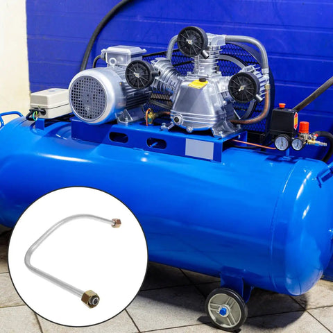 Slick 16mm Inner Diameter Air Compressor Hose Exhaust Tube With 11mm Stepped Outlet And Sturdy Hex Fittings For Metric Piston Pumps shown with blue compressor.