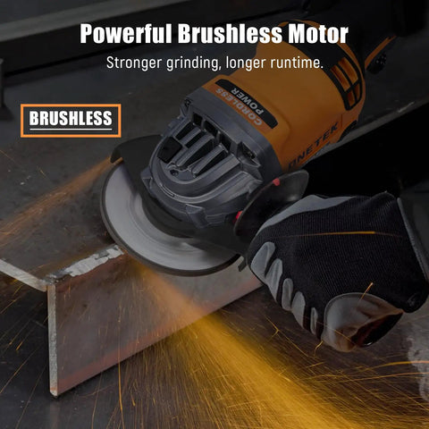 Cordless Four And One Half Inch Angle Grinder With Brushless Motor 8000 RPM Variable Speed cutting metal with sparks