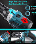Badass Cordless Rivet Gun And Electric Rivet Nut Puller With M3 Through M12 Head Kit showing dual gear adjustment for high and low speed.