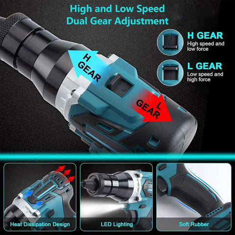 Pro-Tier Heavy Duty Cordless Rivet Gun Electric Automatic Badass Tool With M3-M12 Heads and Blind Nut Pulling For Automotive Repair Built Different With Memory Function And 16000N Force Guaranteed showing dual gear adjustment for speed control.