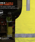 GloWear 8262FRZ Flame Resistant Hi Vis Safety Vest with Reflective Strips, lime green, solid front detail, ANSI ISEA 107-2020