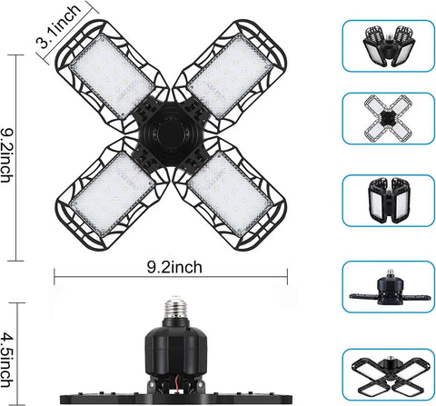 Two Pack Four Panel Garage Light Kit With Porcelain Lampholders E27 Base 6500K Daylight Four Adjustable Panels 18000 Lumens 180W Equivalent No Shadow Ultra Bright LED Ceiling Lights For Workshop And Garage dimensions and details